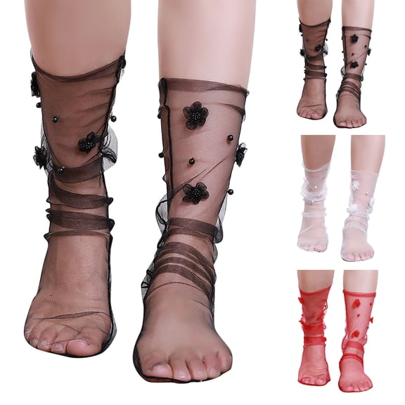 LSQii Womens Socks Casual Sheer Floral Embroided Boho Crew Sock Sweet LightWeight Breathable Thin Non Slip Travel, Vacation and Daily Wear Summer Trendy Black