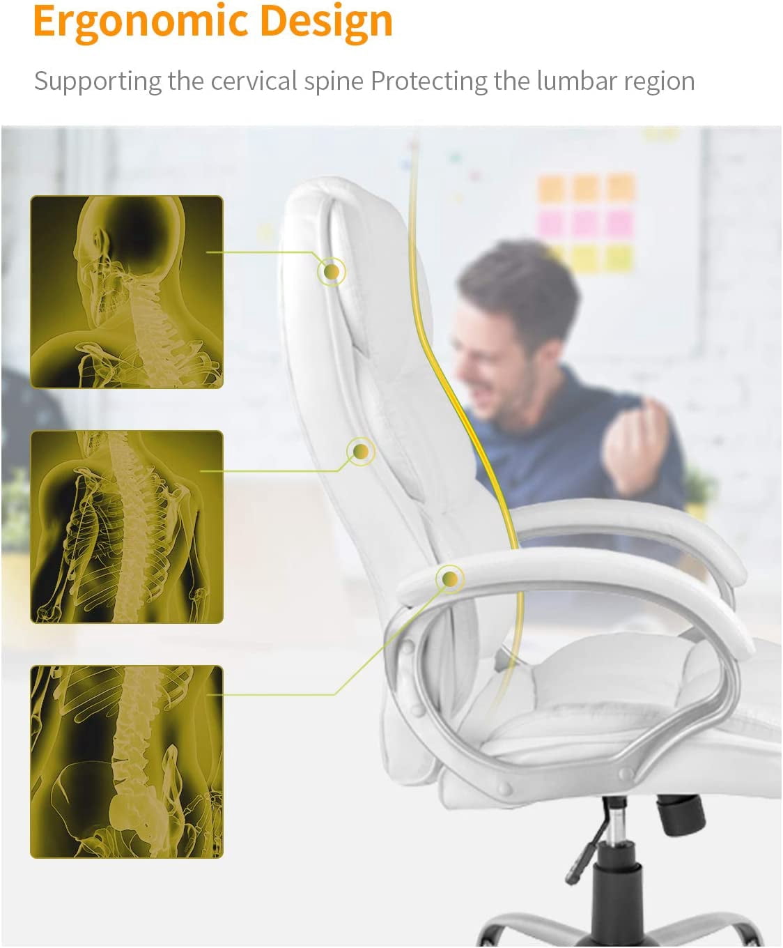 NiamVelo Office Chair Home Desk Chair Ergonomic Swivel Executive Adjustable Task Computer High Back PU Leather Chair with Back Support for Office and Home, White