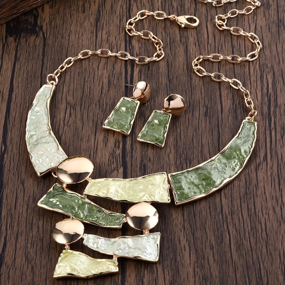 1 Pair Earrings 1 Necklace Women French Simple Geometric Jewelry Sets Vintage Banquet Dress Accessories Gift,Green