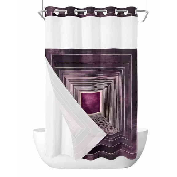 No Hook Shower Curtains with Snap in Liner, Pink Ombre Geometric Waterproof Fabric Shower Curtain, Modern Minimalist Art Frame Double Layers & See-Through Top Window Bathroom Curtains 36''x72''