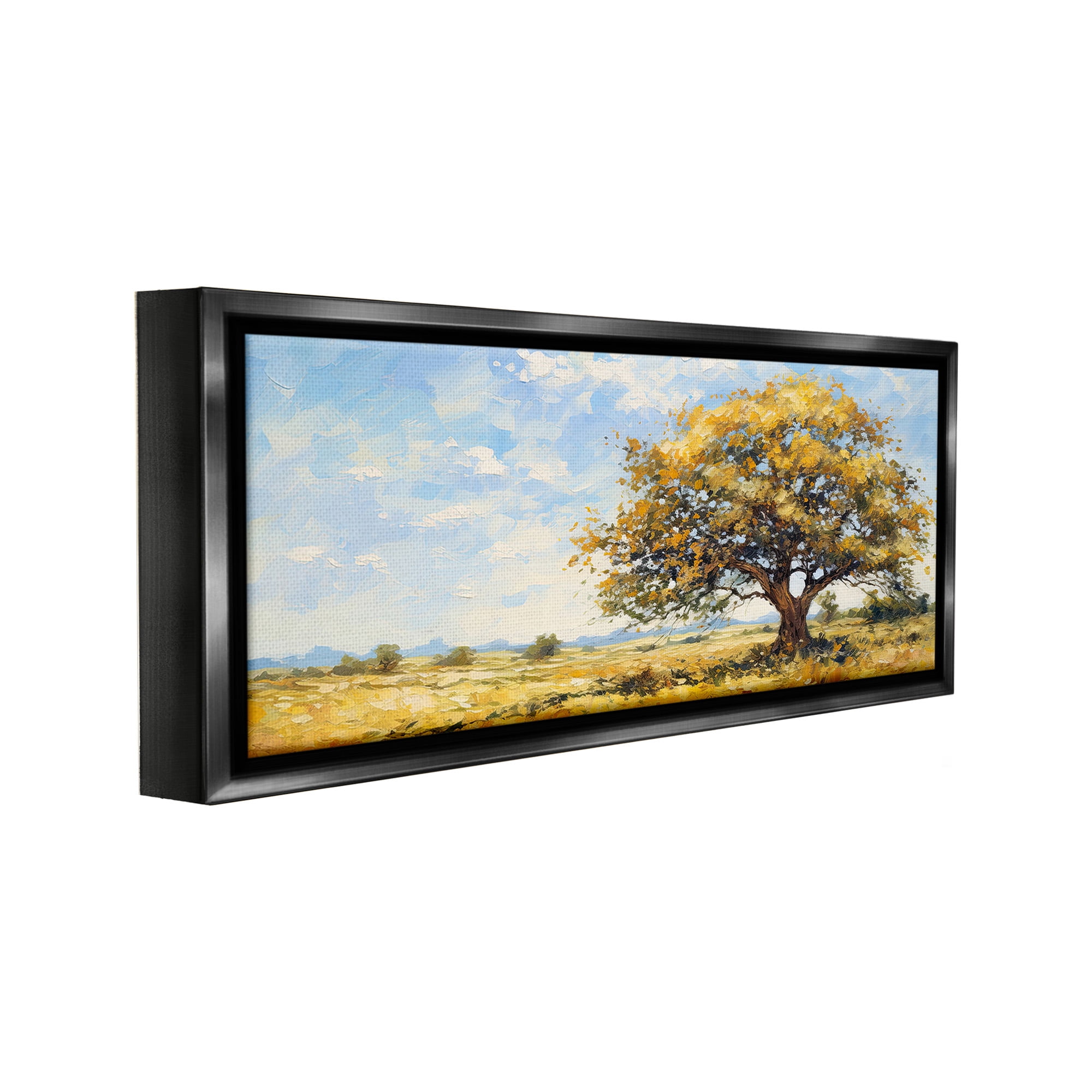 Stupell Industries Sycamore Tree in Field Landscape Painting Black Floater Framed Canvas Art Print Wall Art, 25 x 11