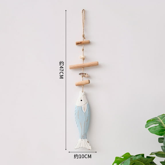 1PCS Vintage Wooden Fish Hanging Wood Fish Decor Hand Carved Nautical Ornaments Home Wall Decor Hanger Gift - Light Blue Shell Fish Skewers
