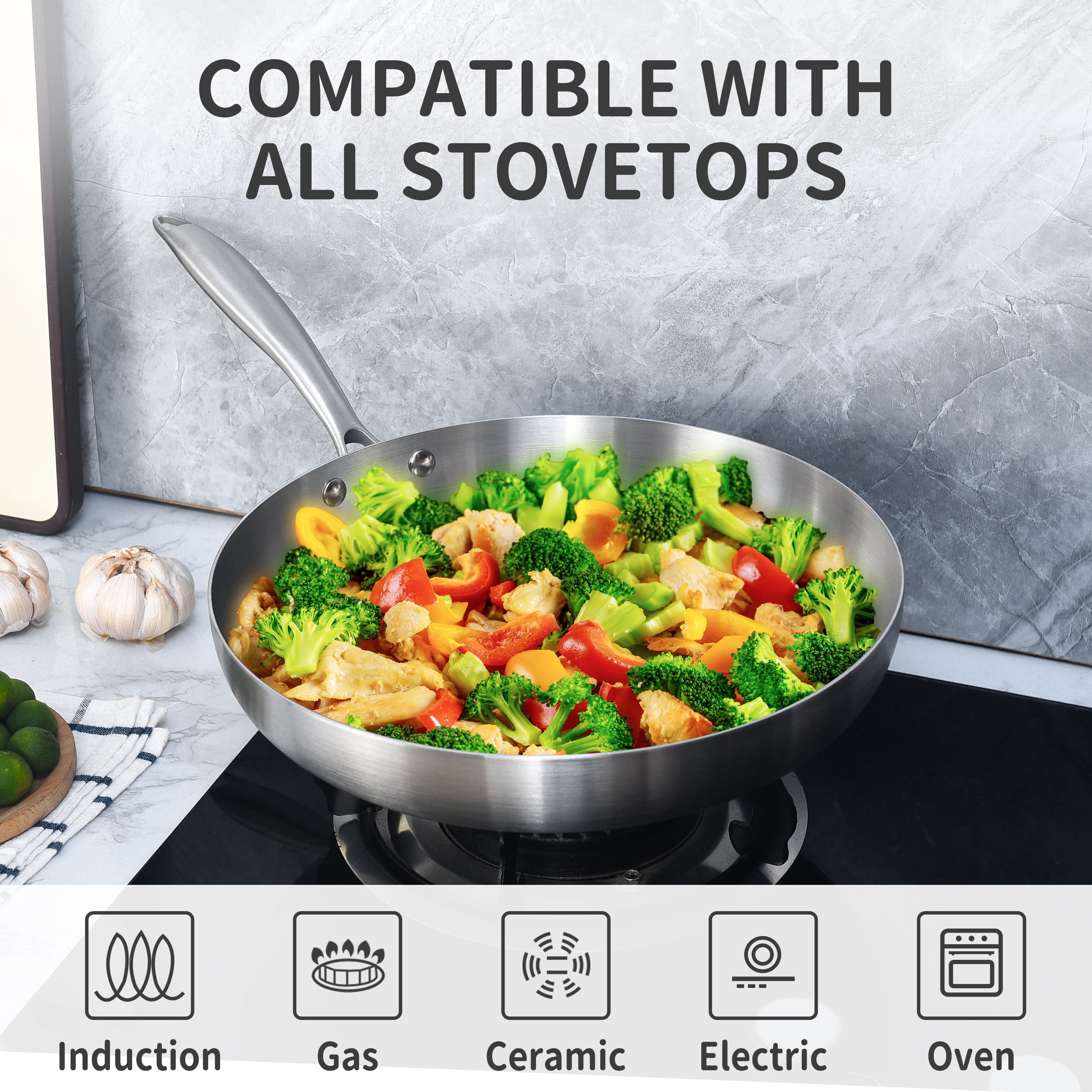 LOLYKITCH Tri-ply Stainless Steel Frying Pan Set with a Lid,8.5-10 inch Skillets,Induction Cooking Pan,Dishwasher and Oven Safe,Rivet Handle.