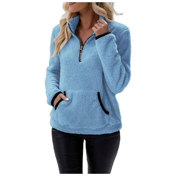 Shadoumai Sherpa Fleece Quarter Zip Pullover For Women Long Sleeve Fluffy Soft Sweaters Jacket Plus Size Winter Coats With Pockets