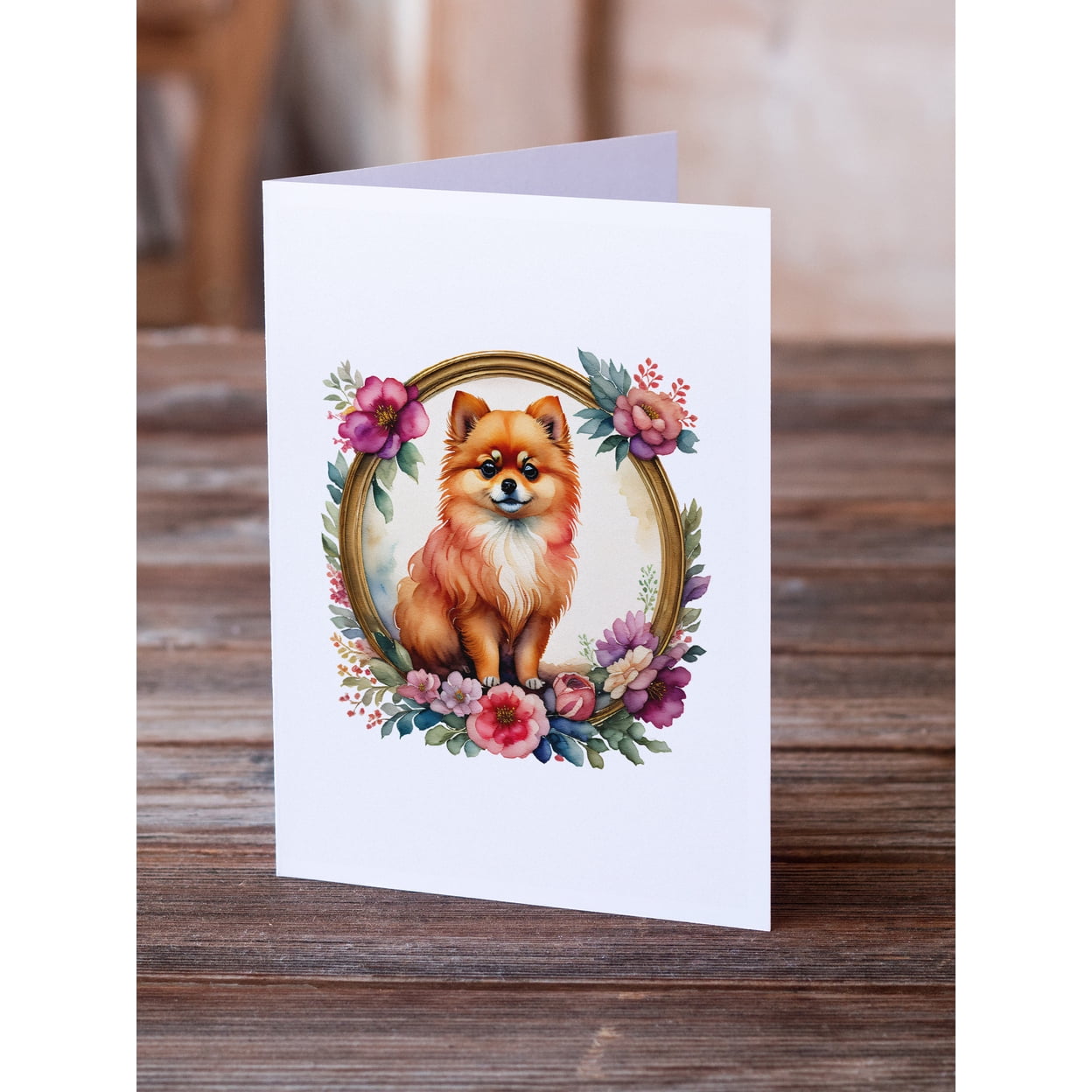 Pomeranian and Flowers Greeting Cards and Envelopes Pack of 8 7 in x 5 in