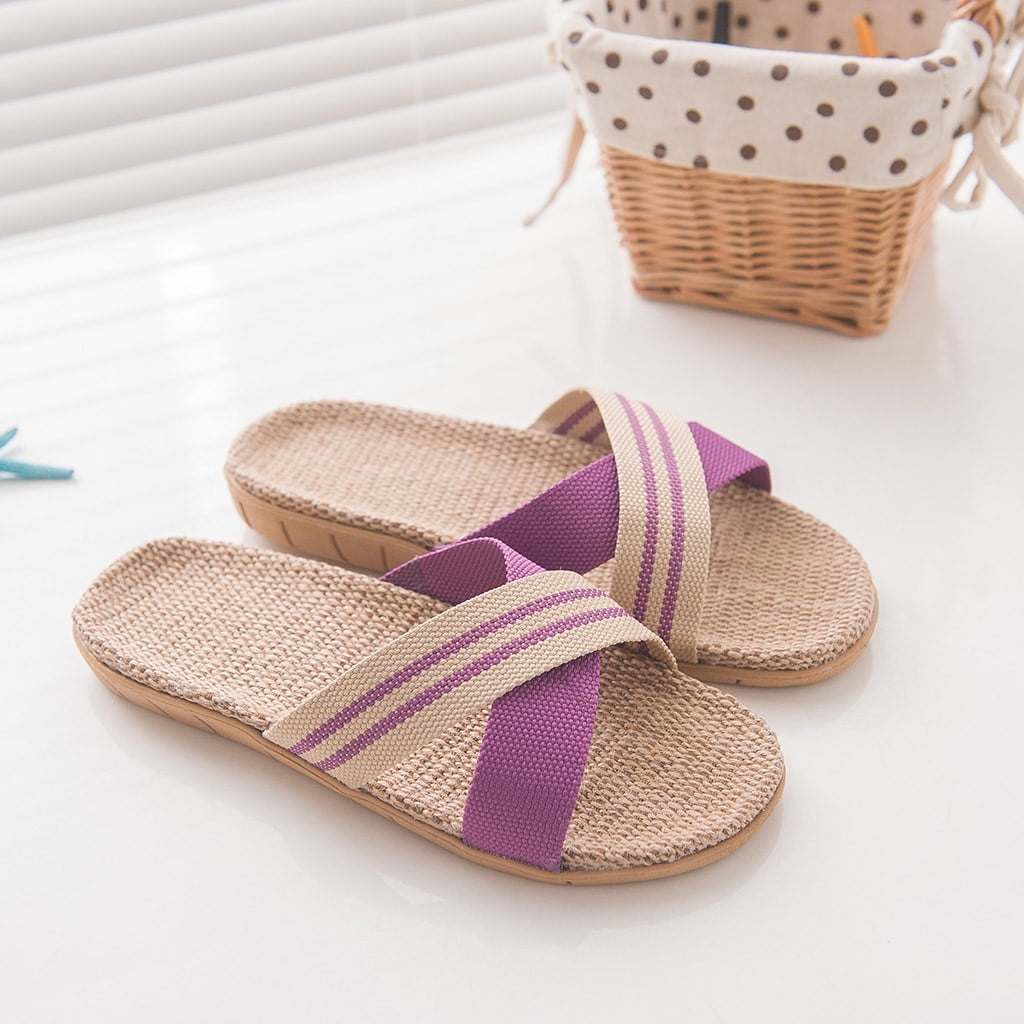 2019 Women Slippers Anti-Slip Linen Home Indoor Open Toe Flat Shoes Summer Women Beach Slides Casual 9031323,Purple,35,China