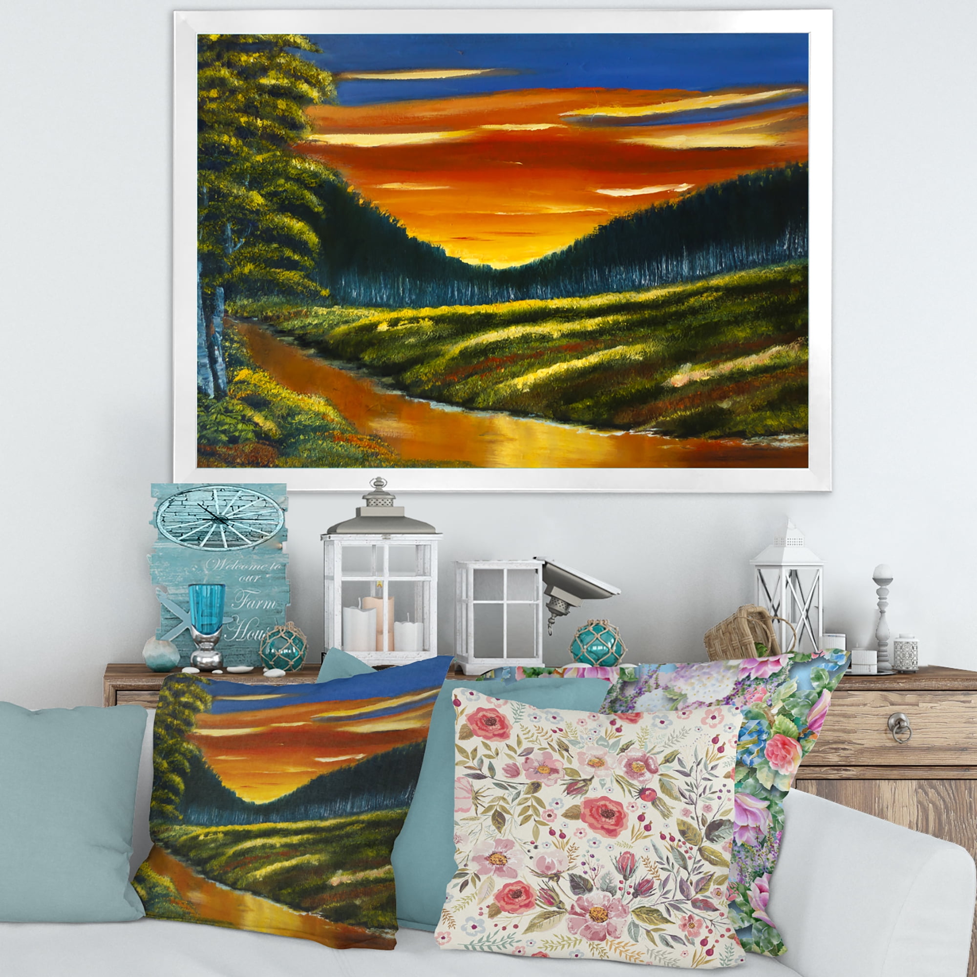 Designart 'Warm Coloured Sunset Glow Above The Lotus Swamp' Traditional Framed Art Print
