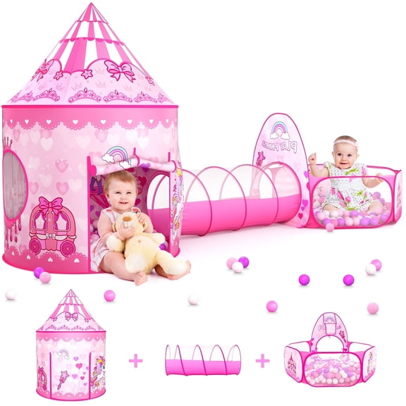 SISTICKER 3PC Princess Play Tent for Girls Toddlers with Crawl Tunnel & Ball Pit Polyester Playhouse Indoor Outdoor