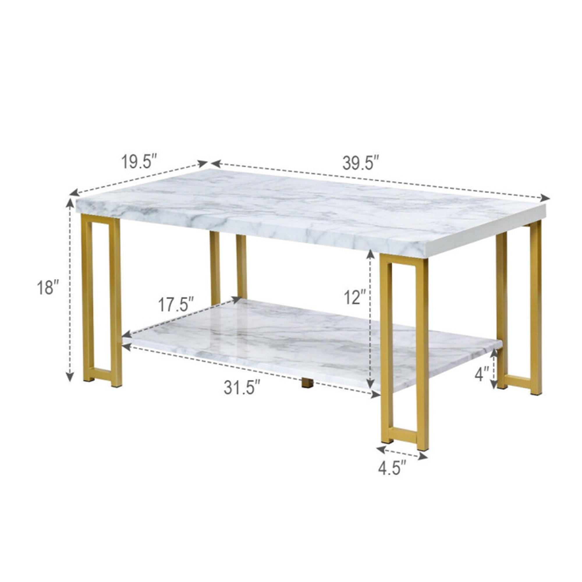 Demi Bonn 3-Piece Coffee Table Set, Rectangular Modern Coffee Table with Gold Print Metal Frame & 2-Tier Glass End Table Set of 2 with Faux Marble Storage Shelf, for Living Room, White