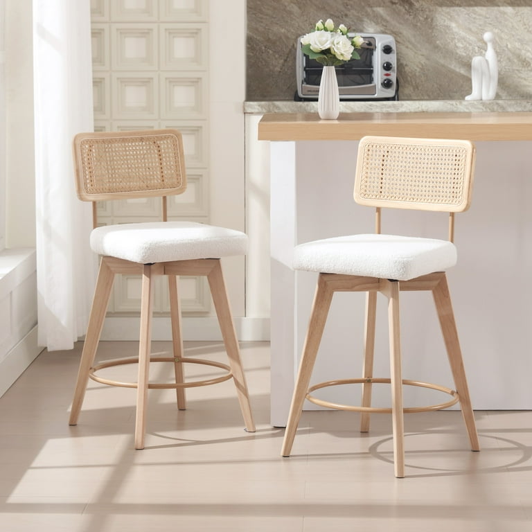 Zesthouse 26.2 Rattan Counter Stools Set of 4 Swivel Counter Height Bar Stools with Cane Back and Wooden Legs Sherpa Bar Chair Mid Century