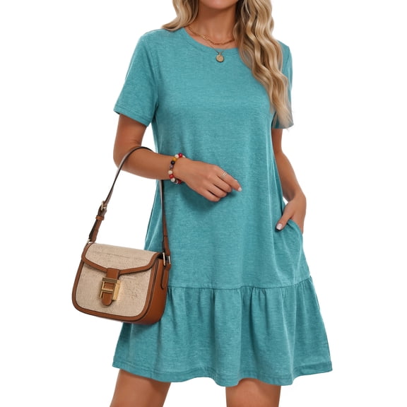 MOSHU Crew Neck Dresses for Women Short Sleeve Women Dresses Casual Swing Babydoll Midi Dress with Pockets