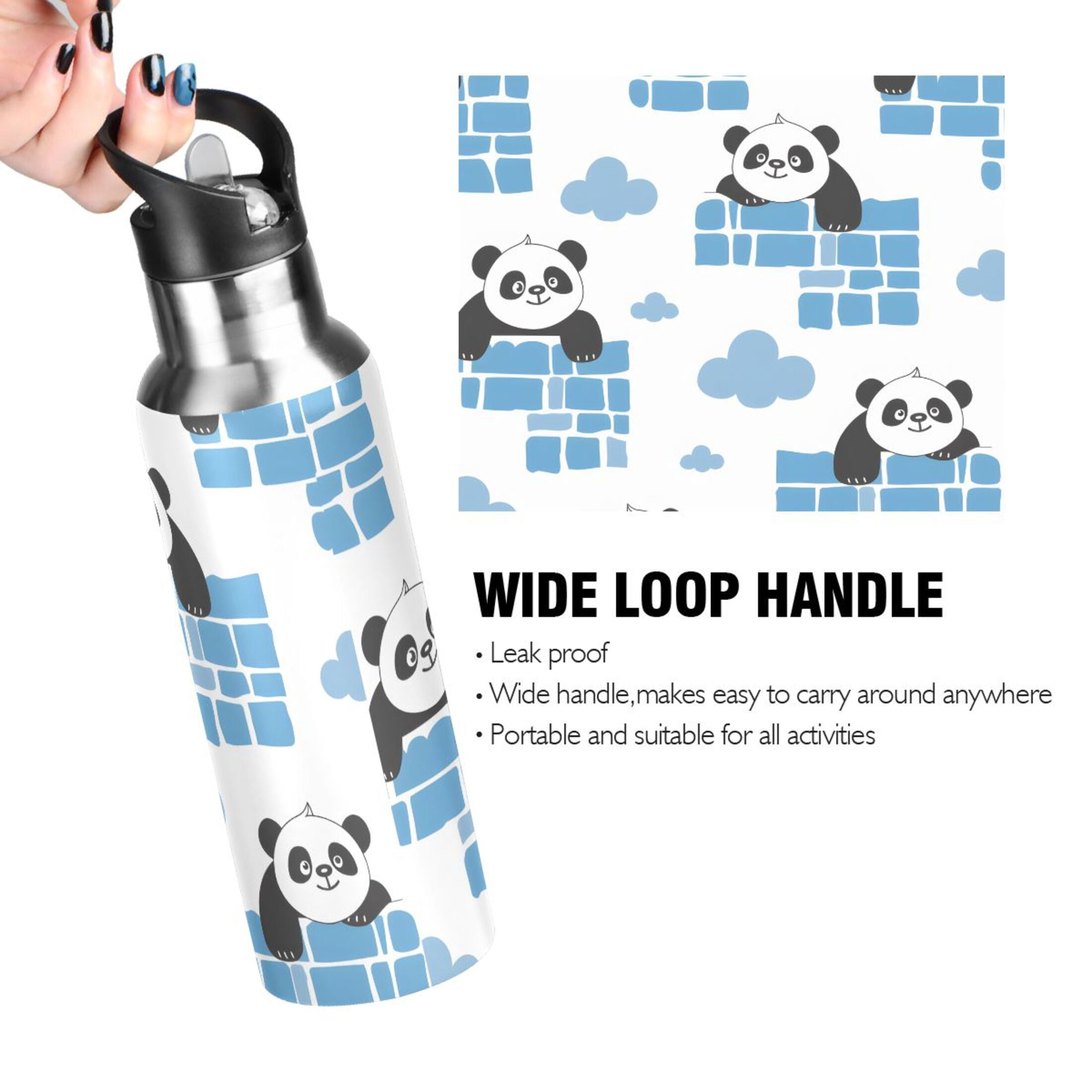 Pandas in Walls Clouds Sports Water Bottle with Straw Lid Insulated Stainless Steel Leak Proof BPA Free Thermal Mug with Handle for Gym Yoga Cycling Camping