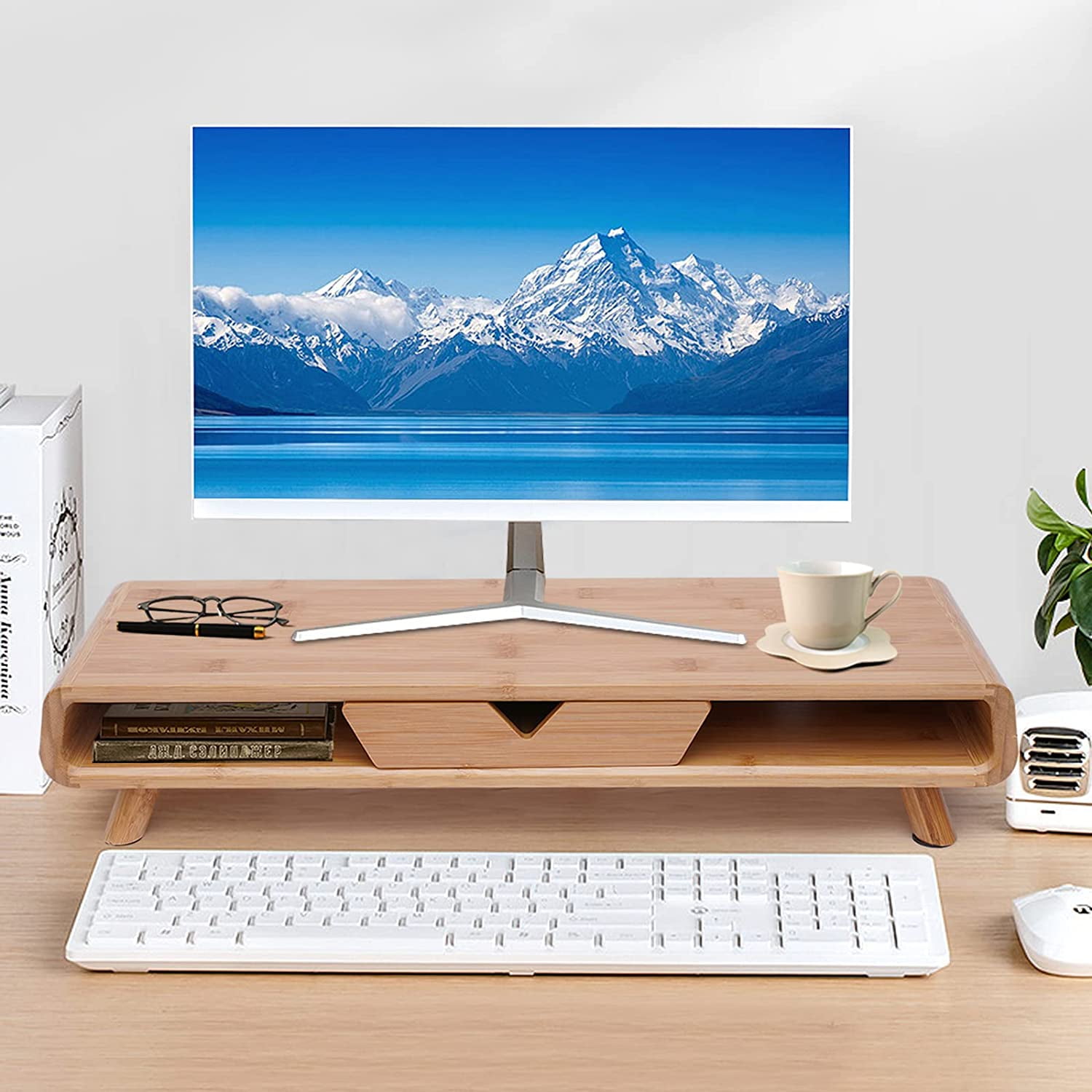 Miumaeov Bamboo Monitor Stand w/ Storage Drawer PC Laptop Computer TV