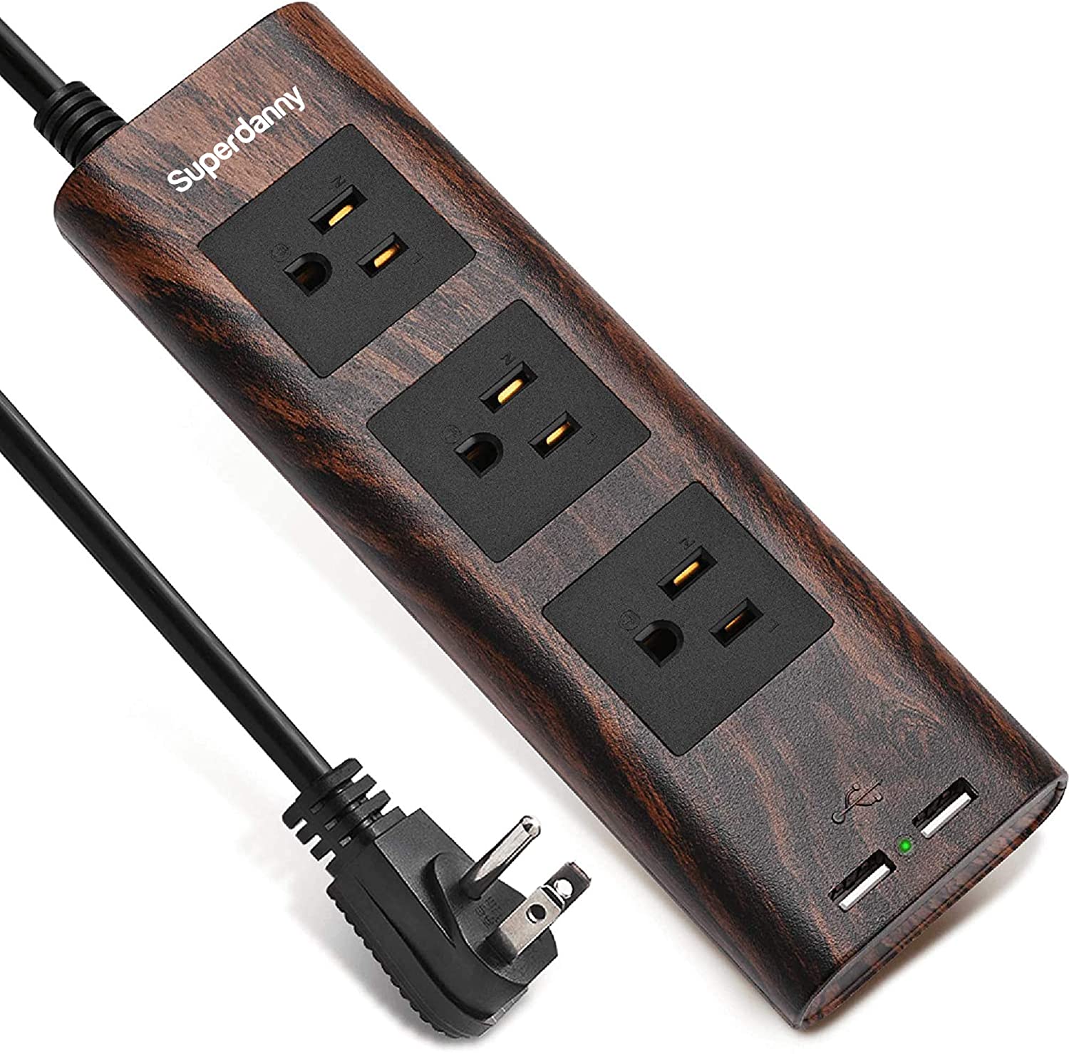 Surge Protector Power Strip 10 ft Extension Cord 3 Outlet 2 USB Wood