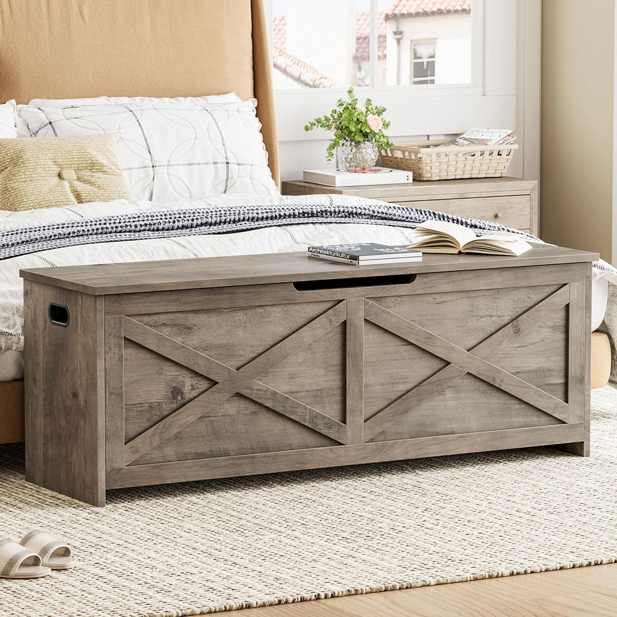 Soonbuy 47" Storage Chest Extra Large,Wooden Storage Bench Storage Trunk with 2 Safety Hinges,Shoe Bench,Storage Bench Large Toy Chest for Entryway,Living Room,Bedroom,Easy Assembly