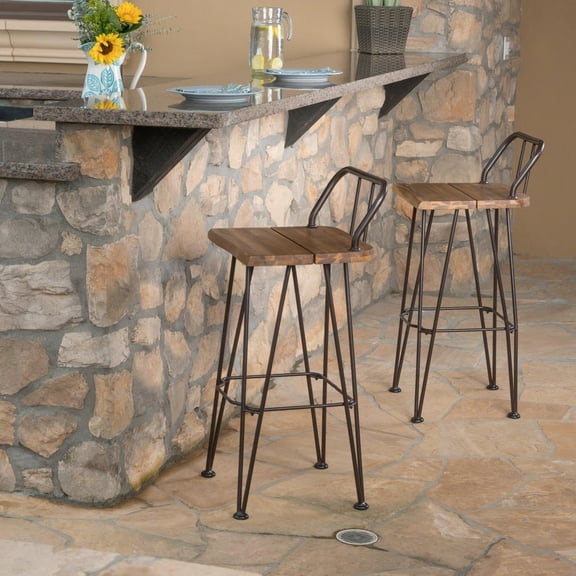 Outdoor Bar Stools Patio Bar Stool Set Industrial Wood and Metal, 2-Pack Acacia Wood and Iron Frame with Built-in Footrest, Water-Resistant for Backyard Garden and Outdoor Seating, Brown