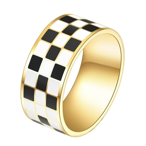 PAURO Women Stainless Steel Black White Checkerboard Rings 10mm Polished Couple Statement Band Gold Size 6