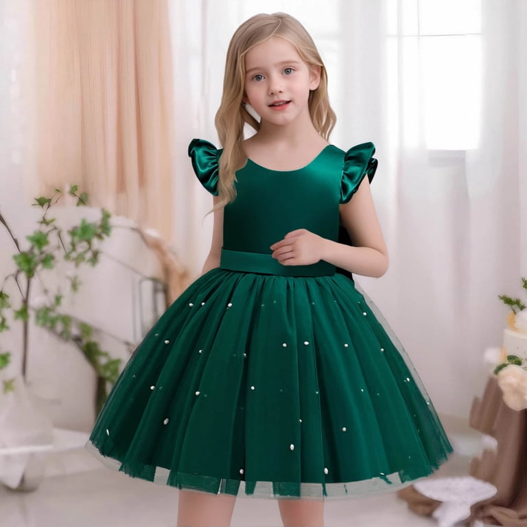 Flower Girl Dress 2T Toddler Girls Fly Sleeve Dresses Pearl Decoration  Solid Bowknot Princess Dress Green,4-5 Years - Walmart.com