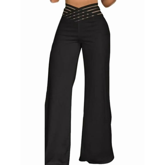 Women'S Hollow Belt Trousers Temperament Commuter Flared Pants High Waist Casual Wide Leg Pants