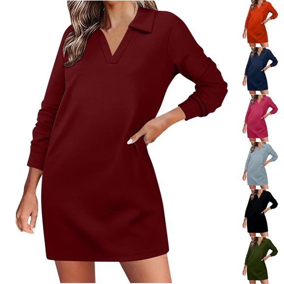Clearance Savings Women's Loose Dresses Women's Long Sleeved Lapel V-neck Sportswear Loose Solid Color Dress Wine, S
