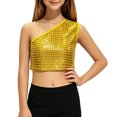 thumbnail image 4 of QHFBli Kids Square Sequin One-Shoulder Crop Tops, Shiny Grid Glitter Vests, Stage & Dance Performance Outfits for Girls Yellow 7-10 Years, 4 of 4