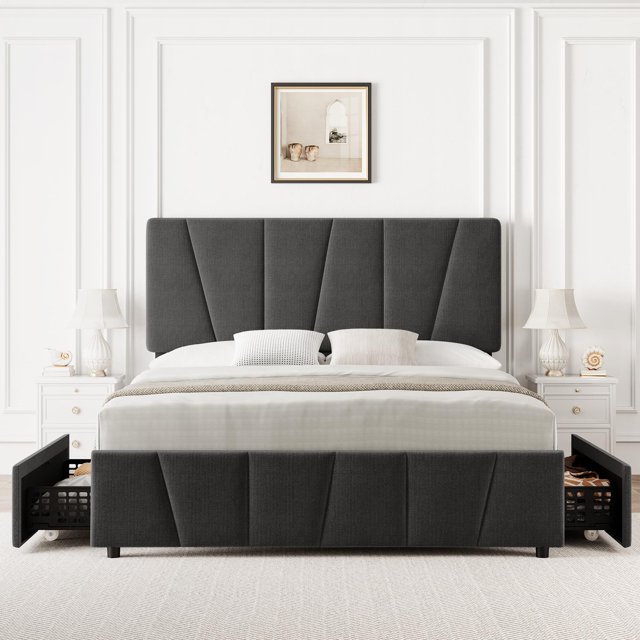Bed Frame, Platform Bed Frame with 2 or4 Storage Drawers and Adjustable Upholstered Headboard, Wood Slats Support, No Box Spring Needed, Easy Assembly, Grey