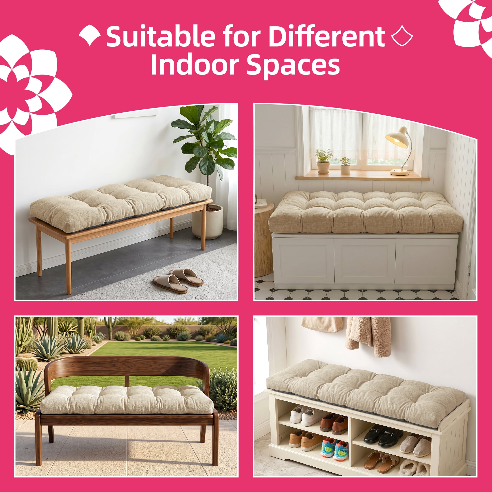 Millsilo Indoor Bench Cushion 36" x 14" x 4", Thick Tufted Cushion with Non Slip Bottom for Window Seat & Entryway Bench, Beige