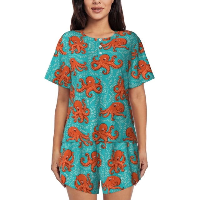 Fotbe Fun Octopus Conjunto de Pijama Estampado para Mujer, 2 Piezas, Ropa de Dormir con Camiseta de Manga Corta y Shorts Suaves-XX-Large