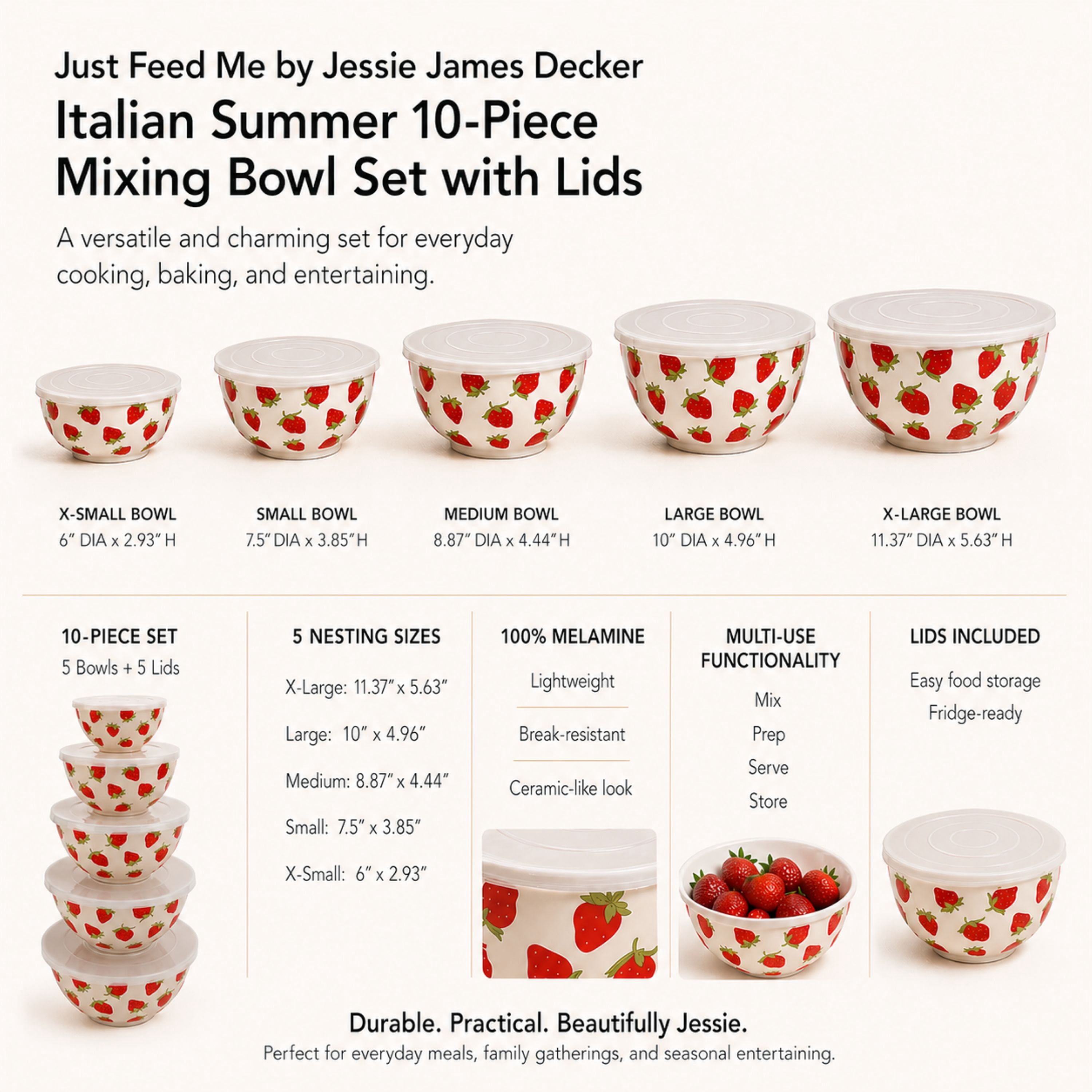 Just Feed Me by Jessie James Decker 10-Piece Melamine Mixing Bowl Set with Lids, Strawberry Design