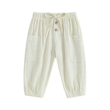 

Toddler Baby Boys Casual Cotton Linen Pants Solid Color Drawstring Button Cargo Pants with Pockets