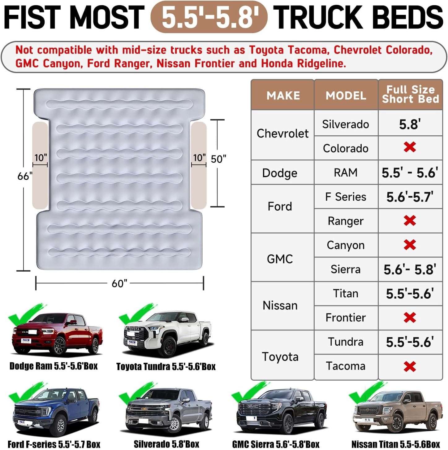 Umbrauto Truck Bed Air Mattress with Built in Pump for 5.5-5.8ft Short Beds, Upgraded Peach-Skin Surface Inflatable Airbed for Truck Tents, Camping, and Travel