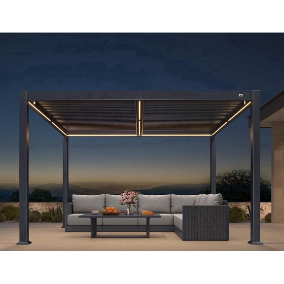 PURPLE LEAF 10' x 12' Solar Louvered Pergola with LED String Lights and Control Panel Aluminum Outdoor Pergola with Adjustable Hardtop Roof for Patio Deck Garden Yard Gray