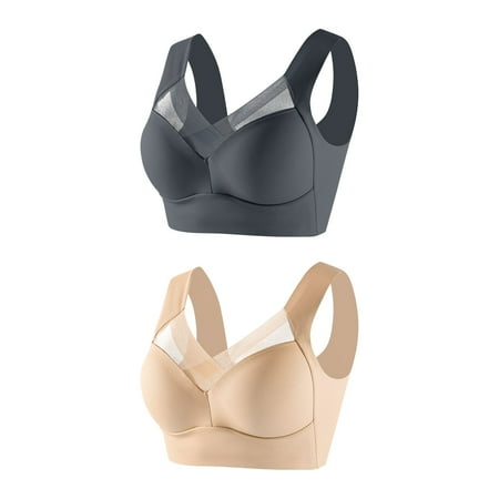 $20 & under Xysaqa Plus Size Bras for Women No Underwire - Comfy Push Up Everyday Wireless Bra Mesh Sheer Full Coverage Seamless Bra  2 Pack Beige 3X