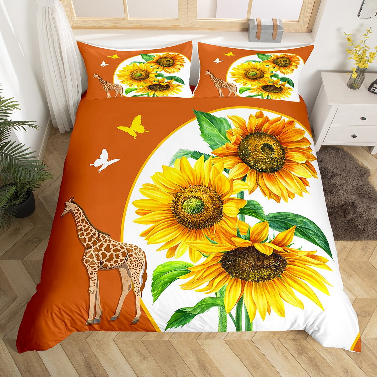 Giraffe Bedding Set Queen Yellow Floral Duvet Cover For Kids Boys Girls