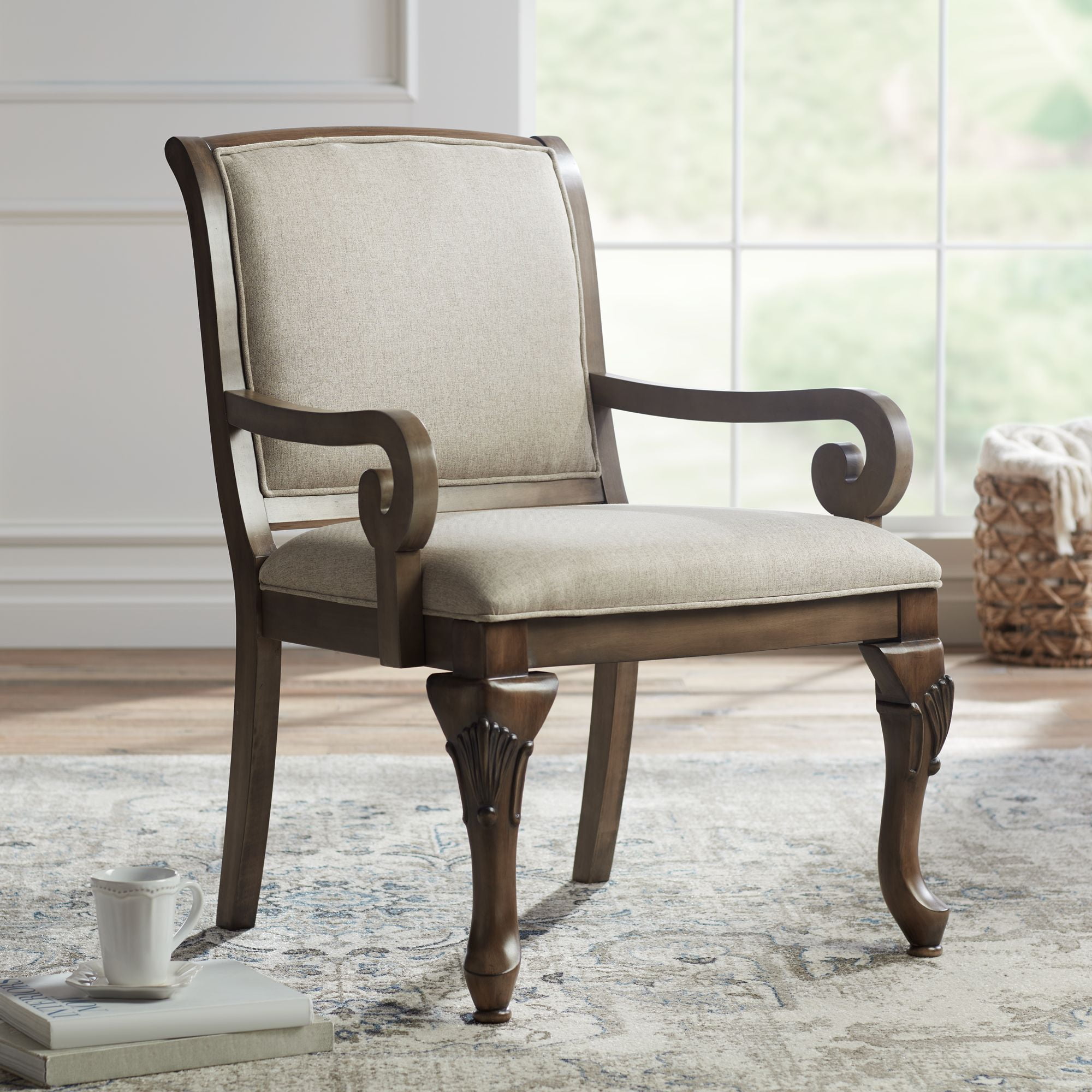 kensington hill diana distressed wood and beige upholstered accent chair