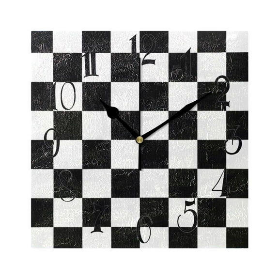 Black White Checkerboard Wall Clock Decorative Square Silent Non-Ticking Operated Clocks Aesthetic for Bedroom Living Room