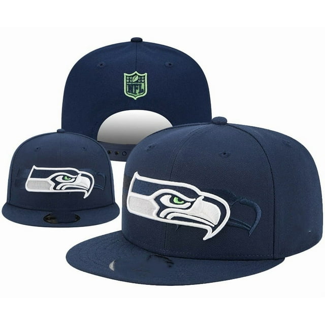 Seattle Seahawks Unisex Adjustable Baseball Cap, a trendy sports cap made from durable athletic material. The navy blue cap features the Seahawks logo embroidered on the front and an NFL emblem on the back. Perfect for team fan gear, casual wear, or outdoor activities, it includes an adjustable strap for a comfortable fit.