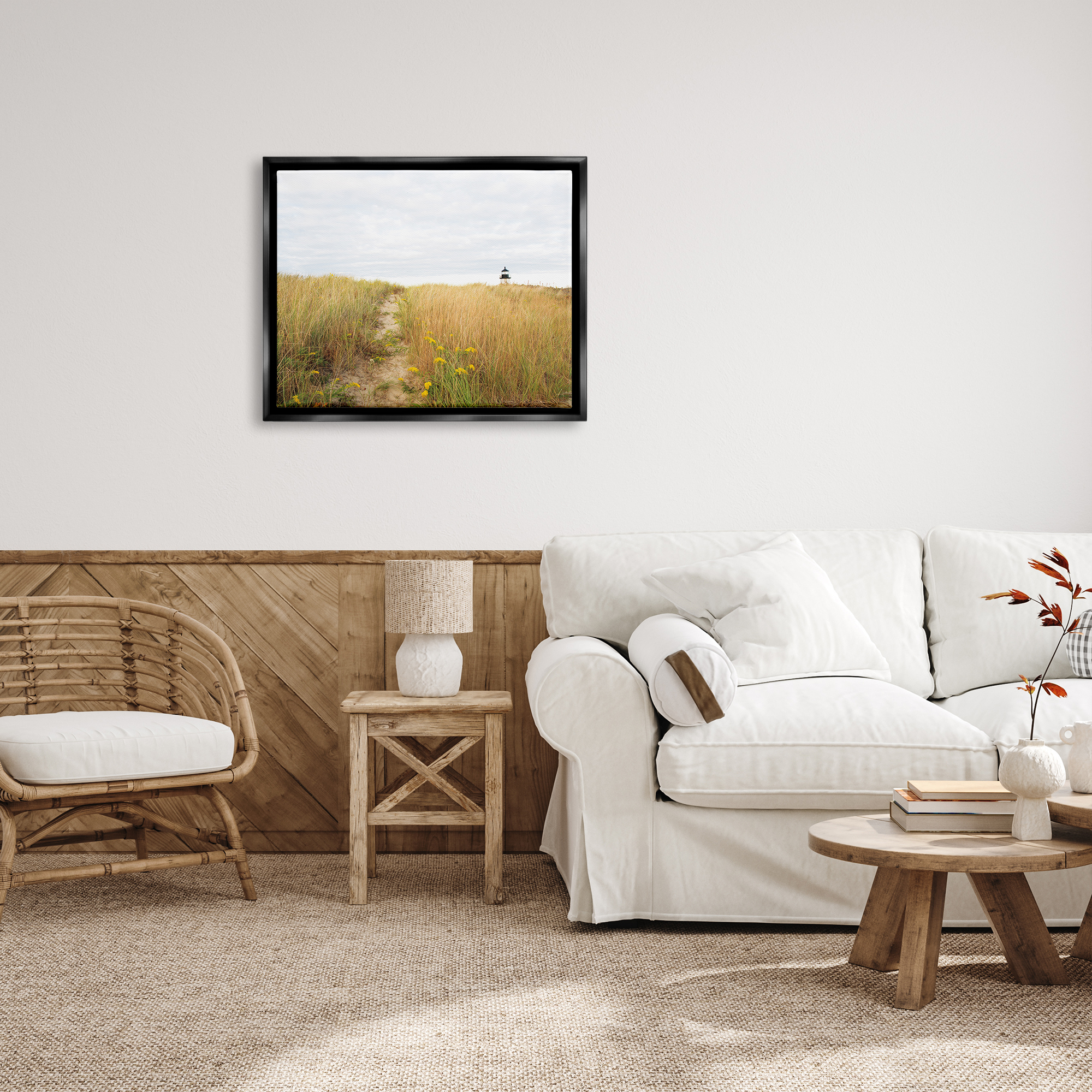 Stupell Industries Lighthouse Grassland Scenery Nature Photography Black Floater Framed Art Print Wall Art, 31 x 25