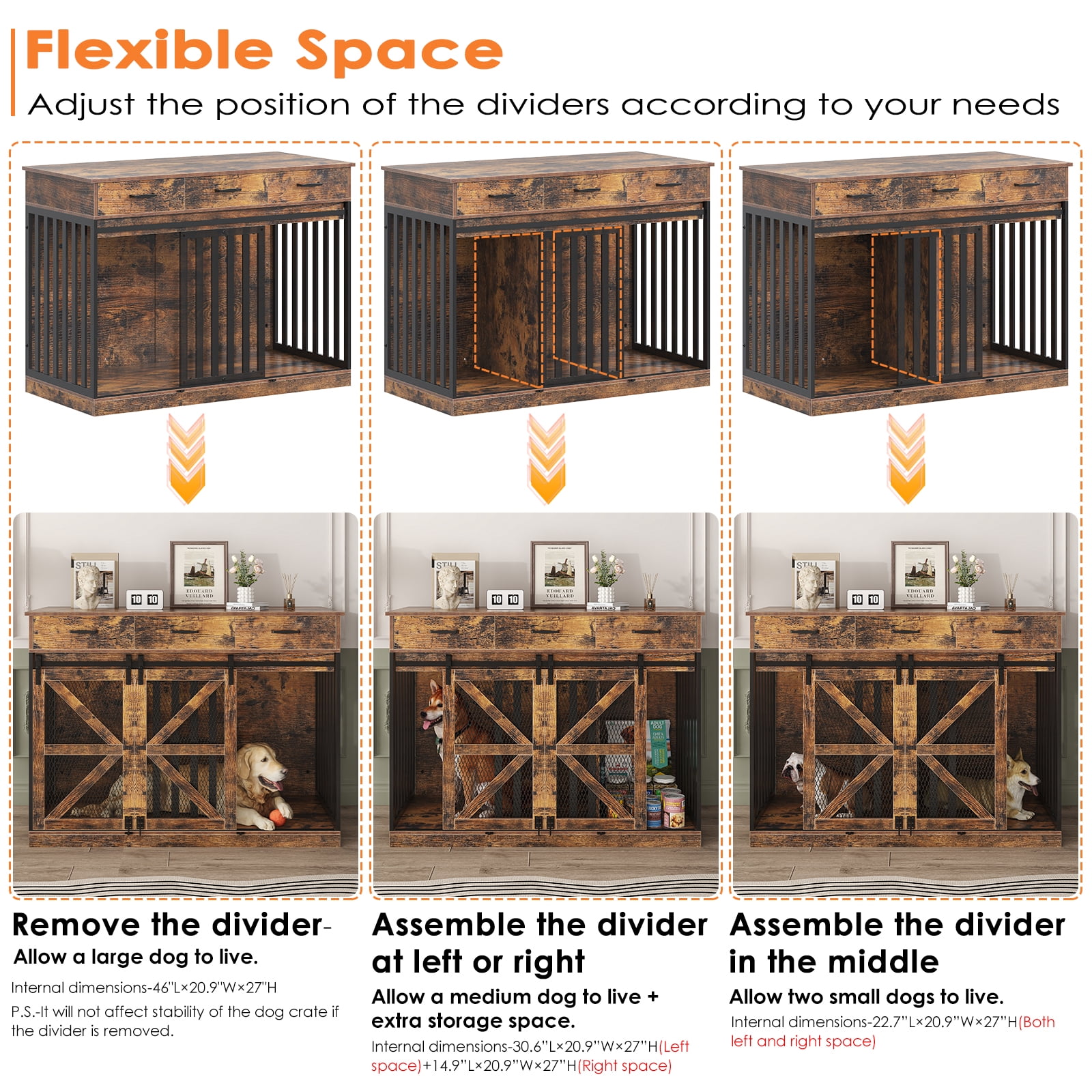 2-in-1 Farmhouse Dog Crate Furniture - Wooden Large Dog Kennel with Drawers Storage - Double Doors - Indoor TV Stand - Inner Height: 24 Inches - Ideal for One Big Dog or Two Small Dogs