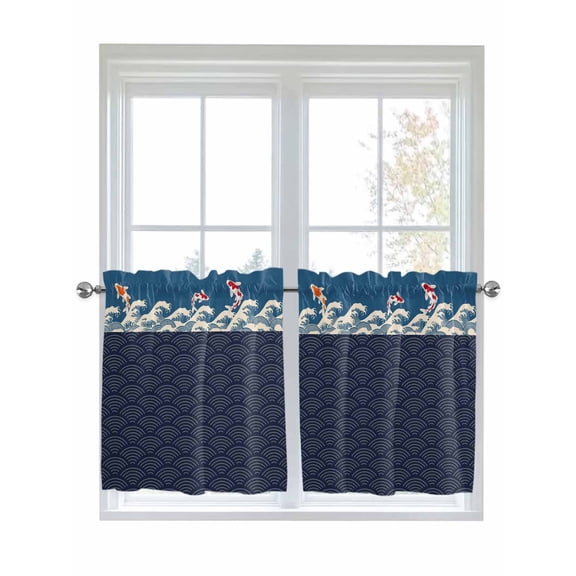 Half Window Curtains 24 Inches Long, Blue Coastal Window Treatment Curtain Drapes, Japanese Style Wave Fish Textured Short Curtains Tiers for Kitchen Over Sink, 27.5"x24", 2 Panels