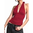 thumbnail image 2 of Womens Fashion Versatile Solid Color Halter V Neck Backless Slim Fit Sleeveless Vest Top Red M, 2 of 9