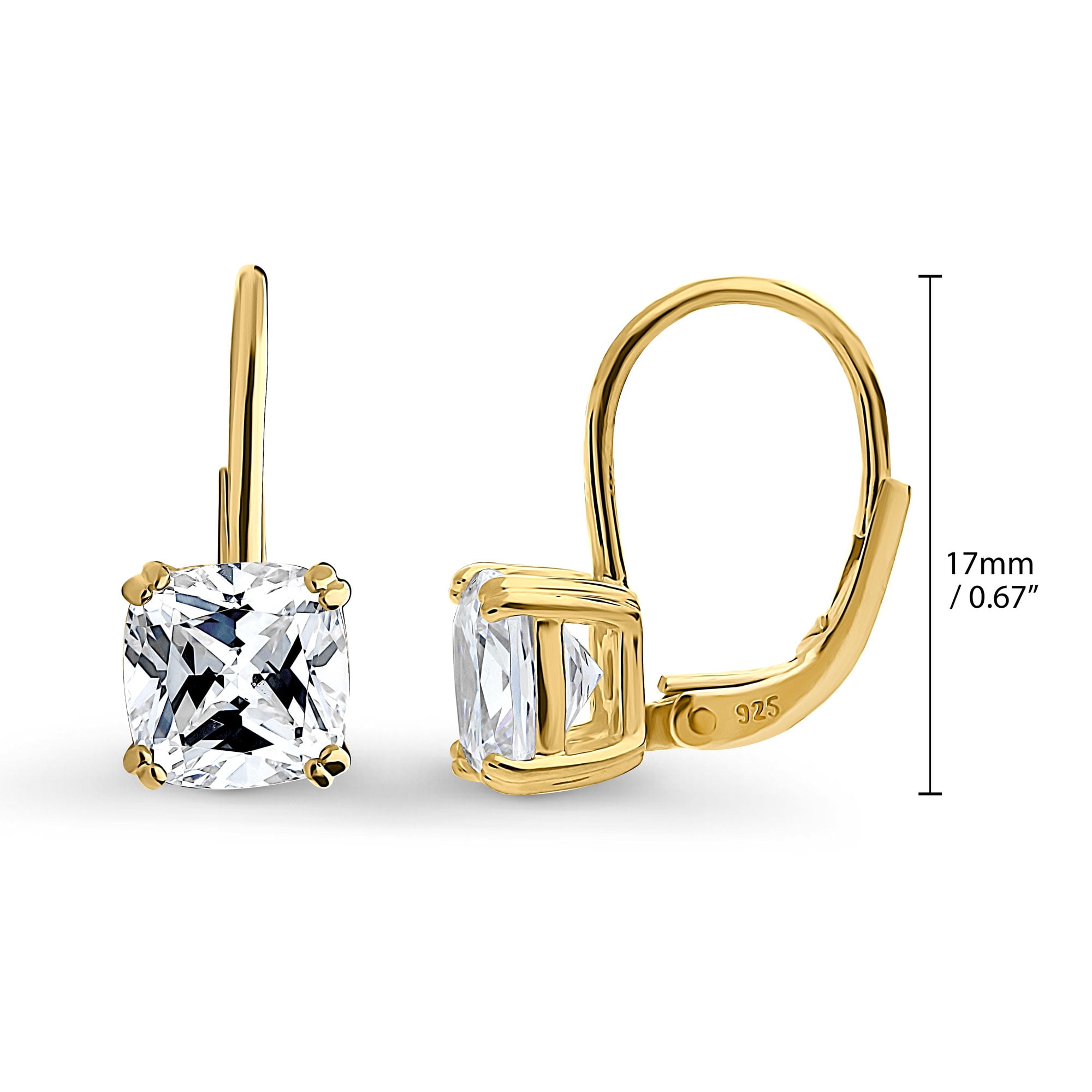 BERRICLE Sterling Silver Solitaire 4 Carat Cushion Cut Cubic Zirconia CZ Fashion Leverback Dangle Drop Earrings for Women, Yellow Gold Flashed