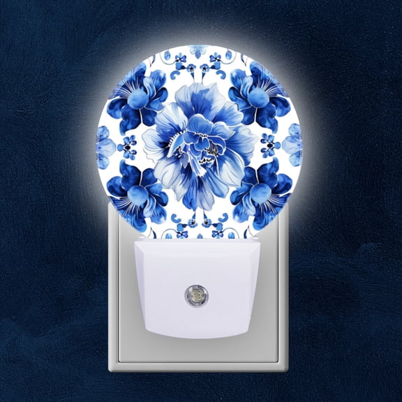 Round LED Night Lights Lamp with Dusk to Dawn Sensor, Blue And White Porcelain Pattern With Flowers Night Light Plug Into Wall for Kids Room, Bedroom, Bathroom, Kitchen, Hallway