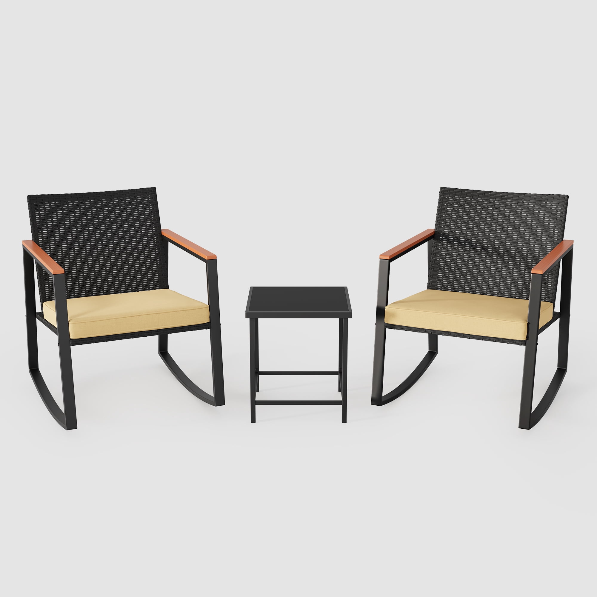 Patio furniture Sets of 3, Asofer Rocking Patio Bistro Set with Caffee Table for Poolside,Yard, Porch, Beige