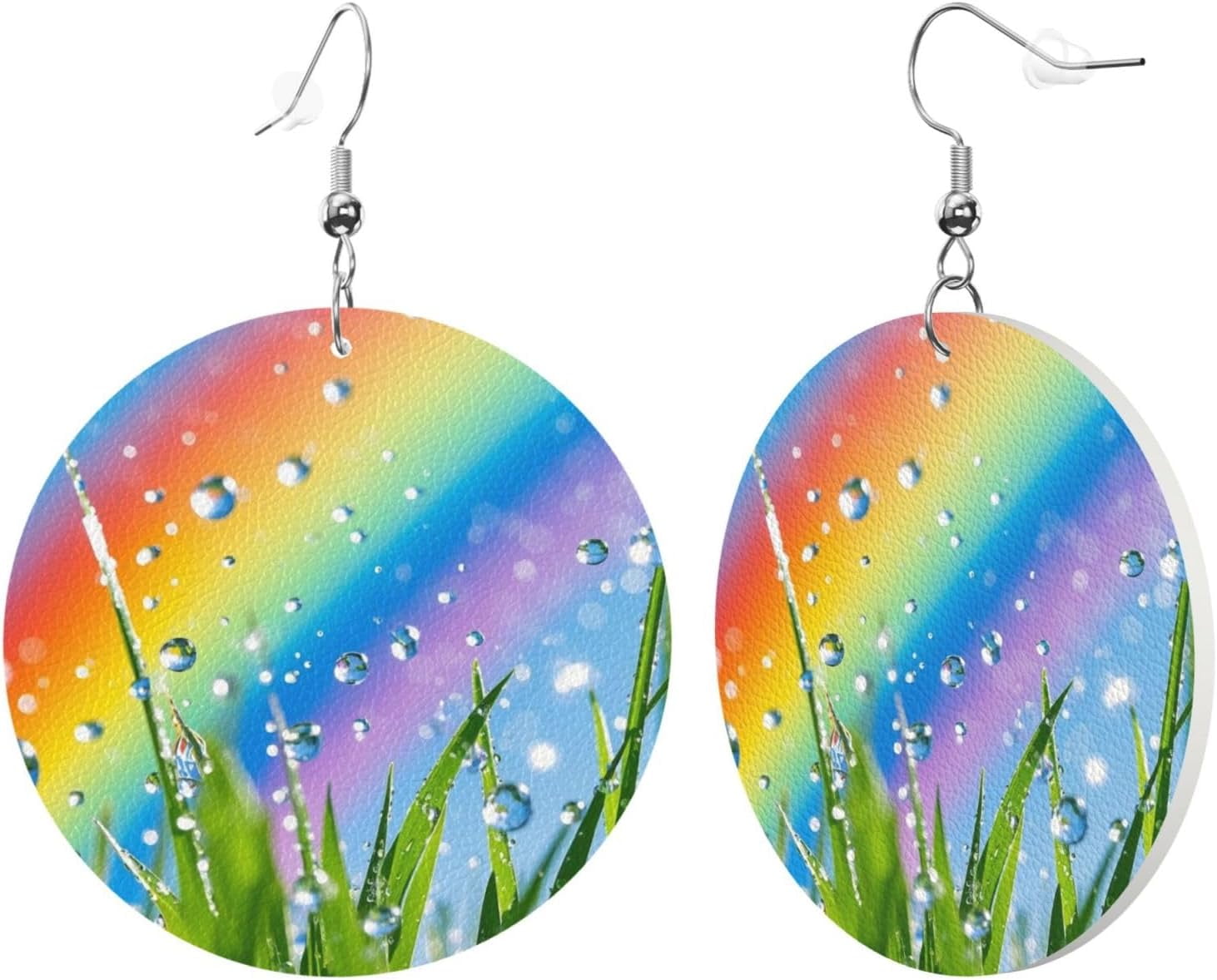 rainbow bright Pro Print Leather Circular Design Earrings and Pendant,Equipped With Silver Plated Ear Hooks,Suitable for Women's Fashion[e115]
