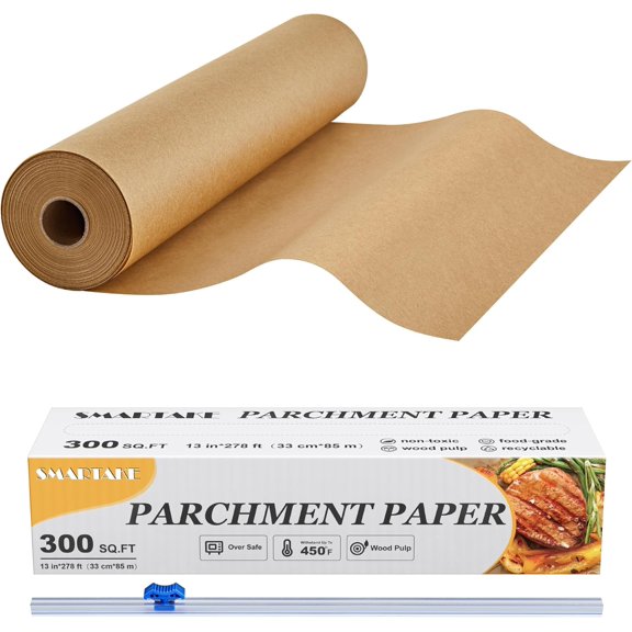 Parchment Paper Roll for Baking, 13 in x 278 ft, 300 sq.ft, Non-Stick Baking Paper Sheets with Slide Cutter, Heavy Duty Extra Long, for Kitchen Baking Cooking Grilling Steaming, Unbleached