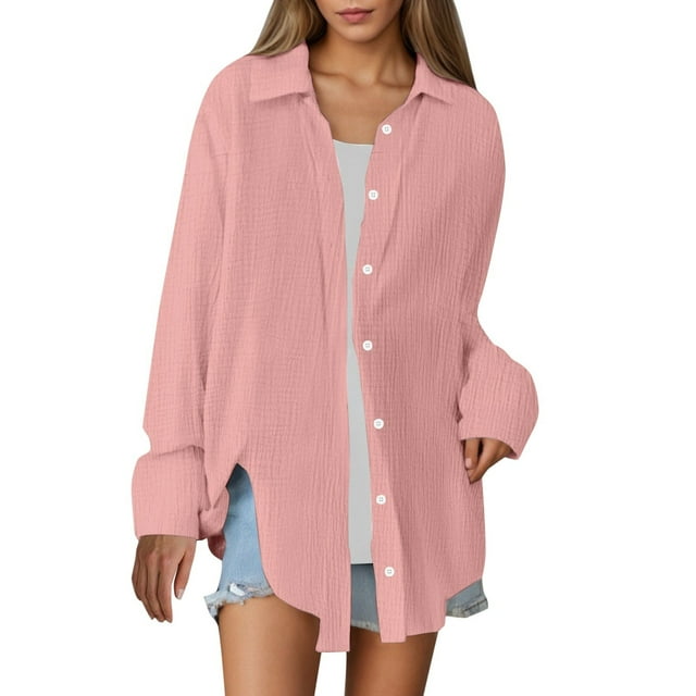 Women's Casual Oversized Plain Solid Color Shirt Breathable Lightweight Blouse Relaxed Fit Top