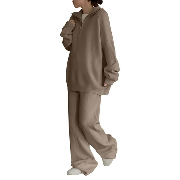 Fall Saving! HVOBTTY Two Piece Sweater Sets for Women, Womens Solid Color Loose Pullover Sweater Casual Wide-leg Trousers Knitted Two-piece Suit Khaki, Free Size