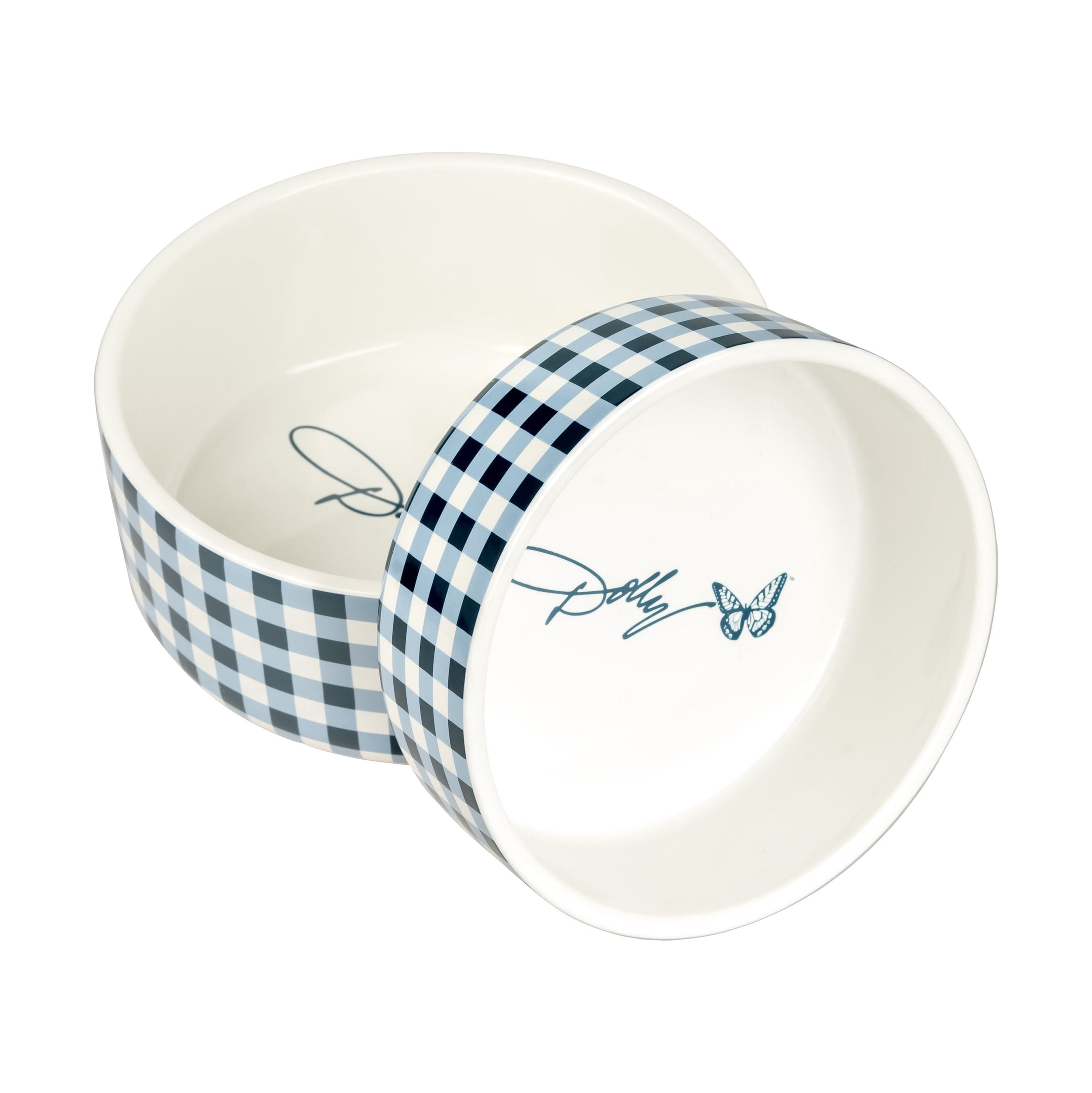 Doggy Parton, Dog Bowls, Rustic Checkered Pet Bowl, Blue, Medium