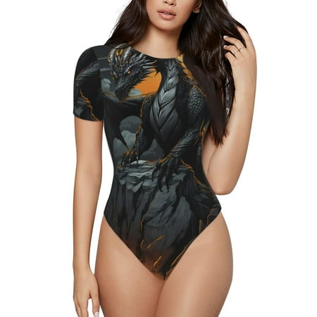 Disketp Full Moon Black Dragon for Women s Short-Sleeved Onesie Fit Top T-Shirt Round Neck Basic Casual T-shirt Bodysuits-Small